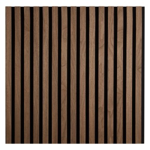 Akustikpaneel 60x60 cm mit braunen Walnuss-Holzlamellen auf schwarzem Filz für Wand & Decke.