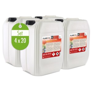 Set aus 4 Kanistern Flambiol Bioethanol 100% Hochrein, je 20l für Kamine & Dekofeuer.