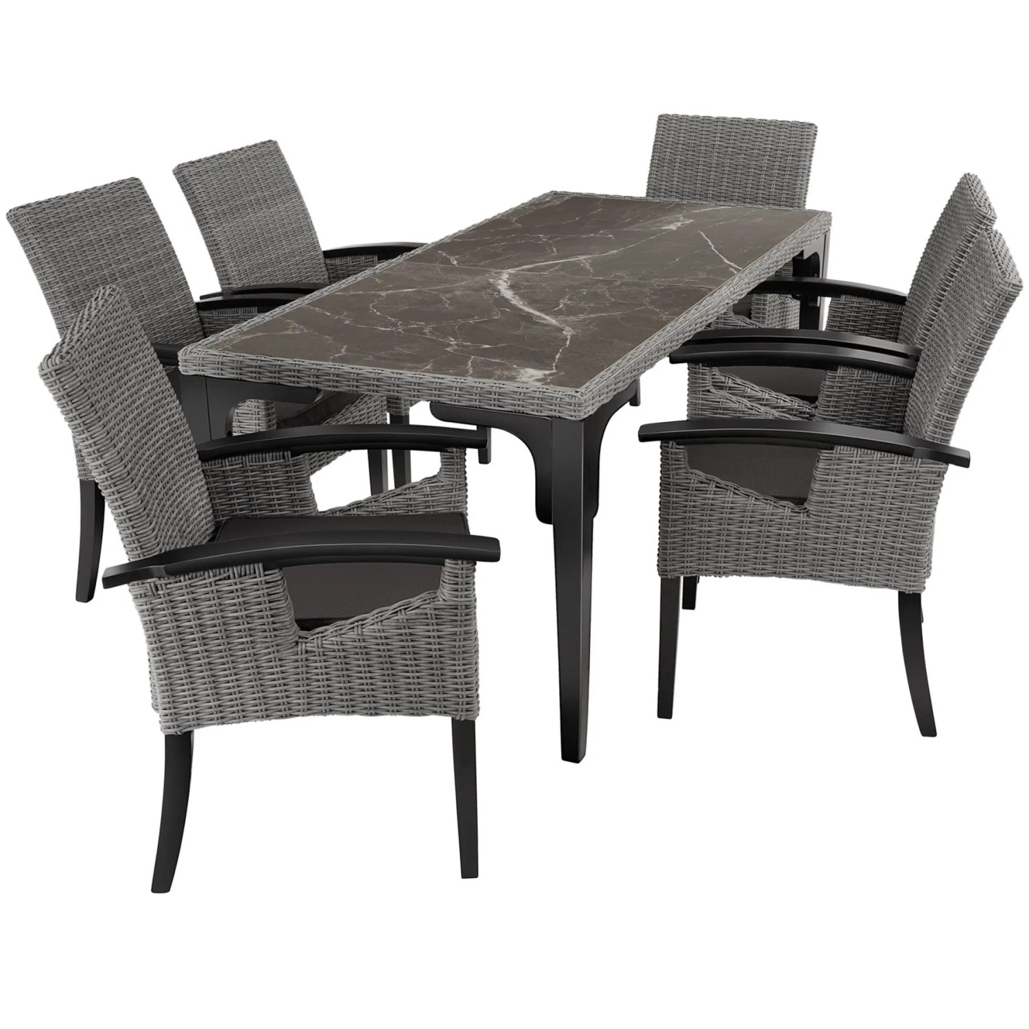 Tectake Rattan Tisch Foggia Mit 6 Stühlen Rosarno  Mit Holzgestell 2 Abnehmbare Feinsteinzeugplatten  196 x 87 x 76 cm Grau