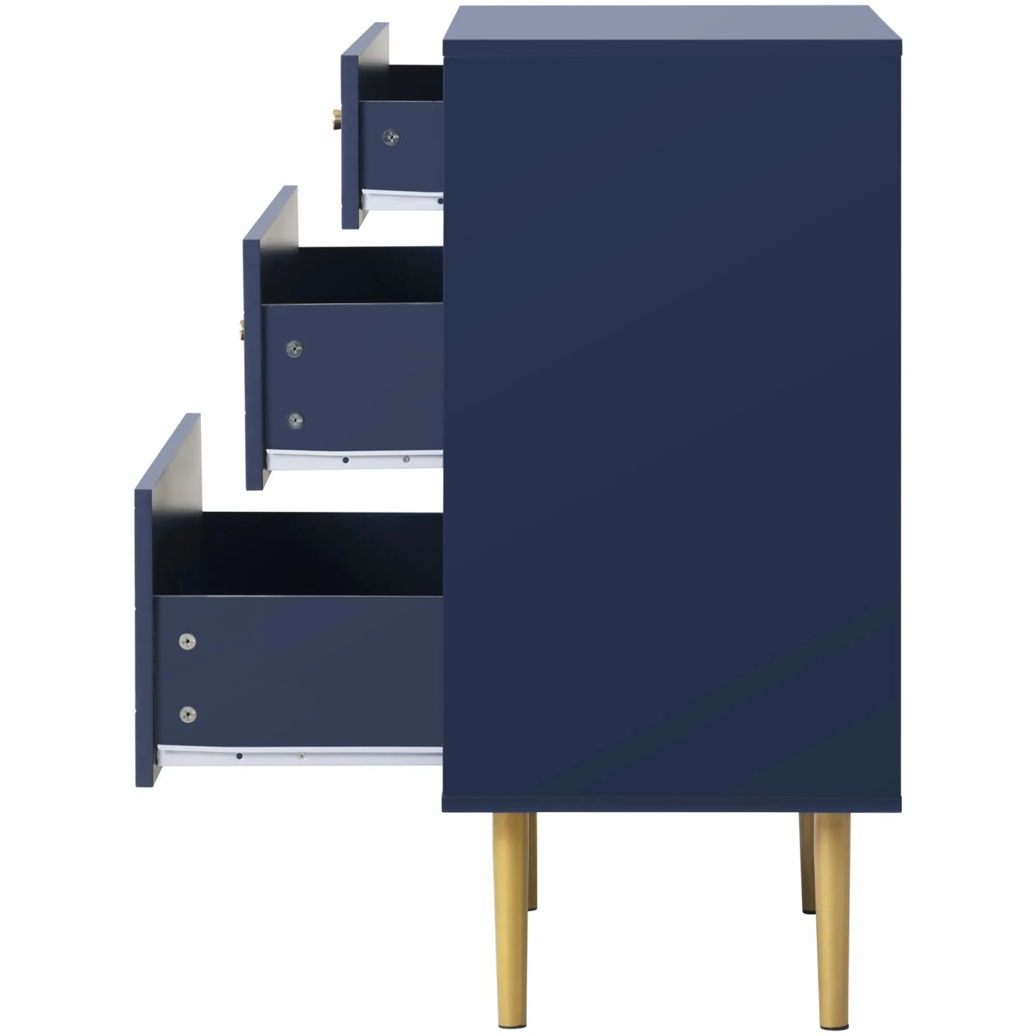Marineblaue Merax Schubladenkommode mit 3 offenen Schubladen, Metallschienen und hellen Holzbeinen. Wohnzimmerschrank.