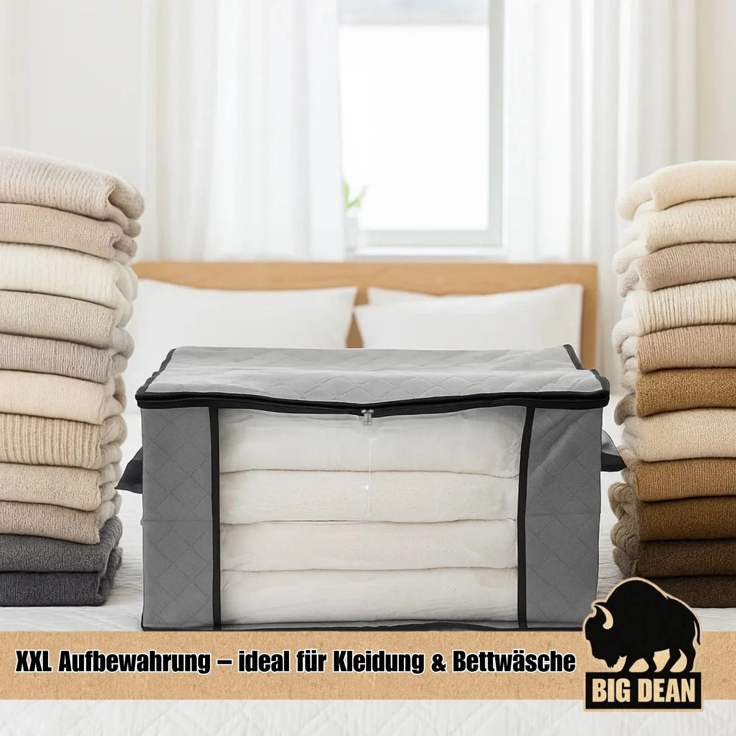 Graue BigDean Aufbewahrungstasche (90L) für Kleidung und Textilien.