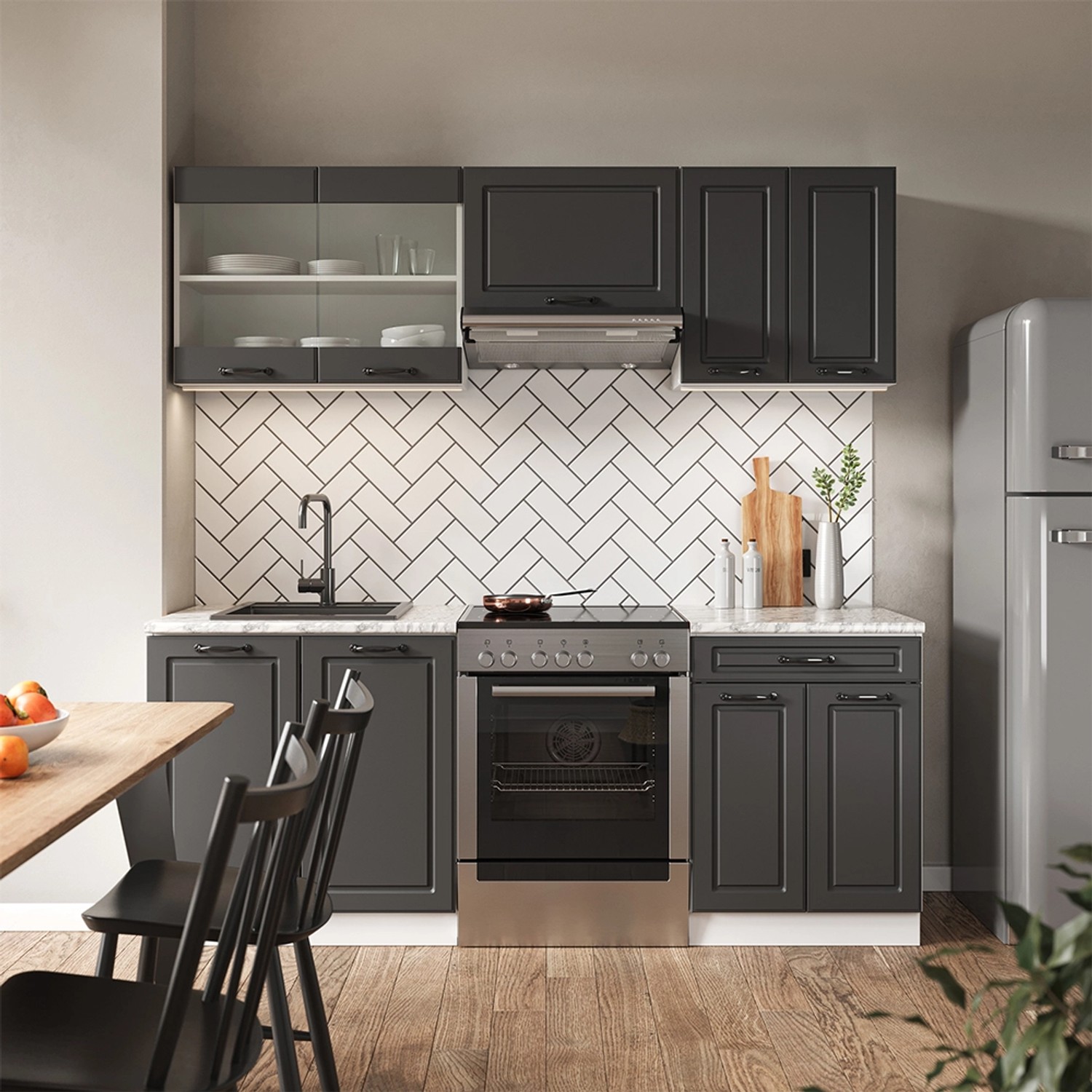 Vicco R-Line Küchenzeile, 200 cm, Anthrazit/Weiß, Landhausstil, ohne Arbeitsplatte.