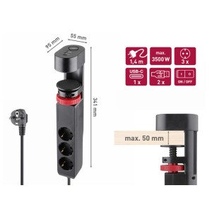 Schwarze 3-fach Steckdosenleiste mit USB-A/USB-C Anschlüssen, Schalter und Klemmfunktion für Tische, 1,4m Kabel.