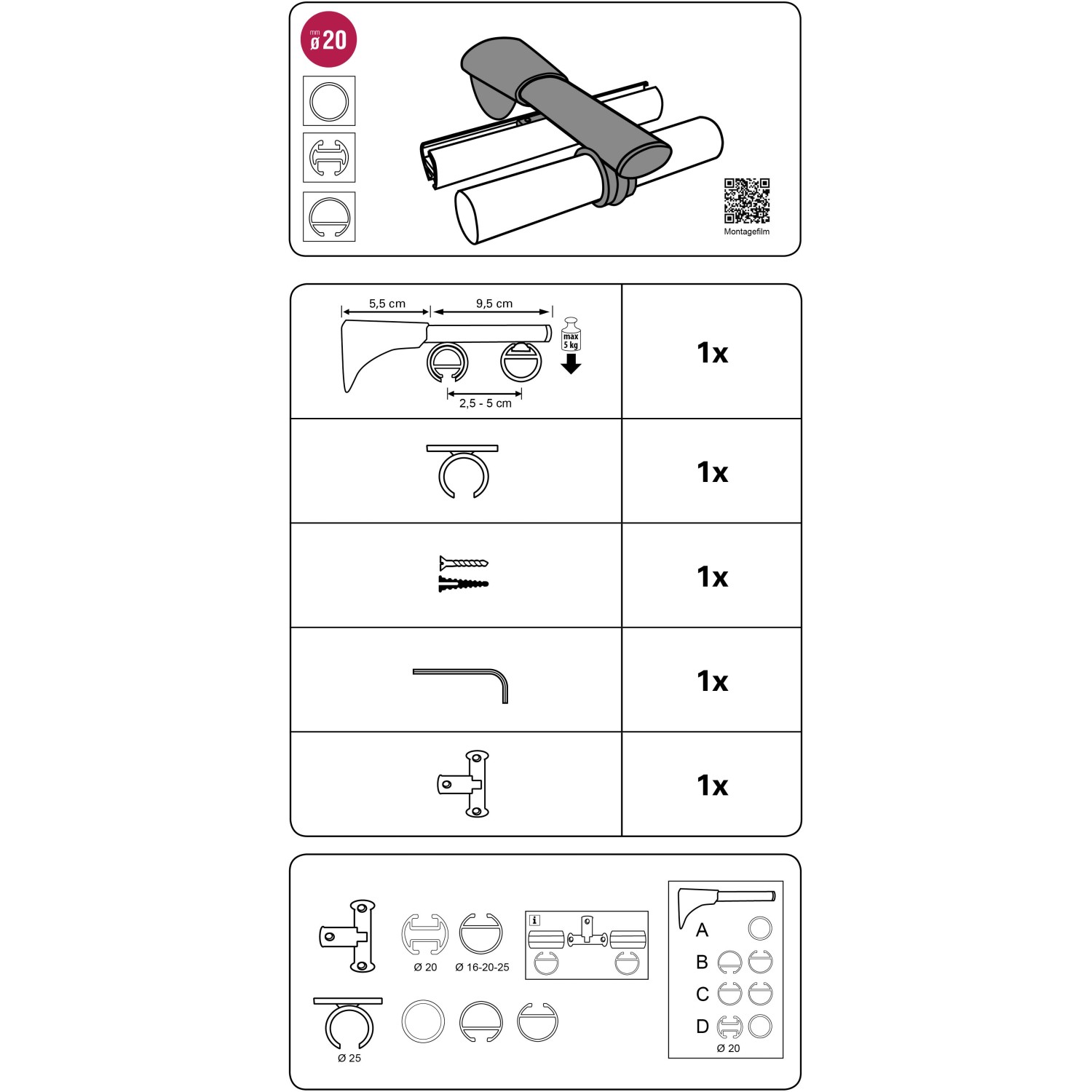 Gardinia Universal Träger Chicago, 1- und 2-läufig, schwarz, für Ø 20 mm Stangen.