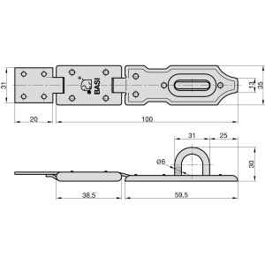Technische Zeichnung: Basi Sicherheitsüberfalle 100 mm mit Gelenk, Maße und Details.