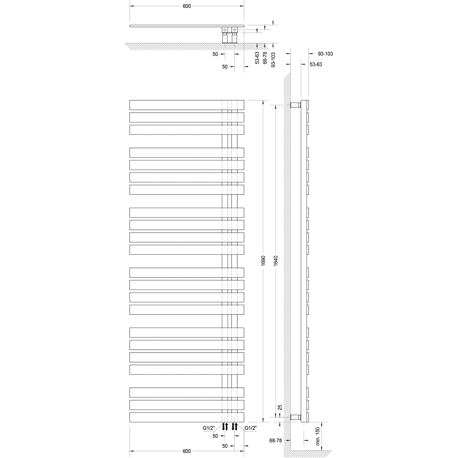 Technische Zeichnung: Schulte Badheizkörper Breda steckerfertig, Maße und Details.