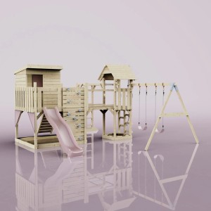 OutdoorToys Spielturm Malou mit altrosa Rutsche, Schaukel, Kletterwand und Spielhaus.