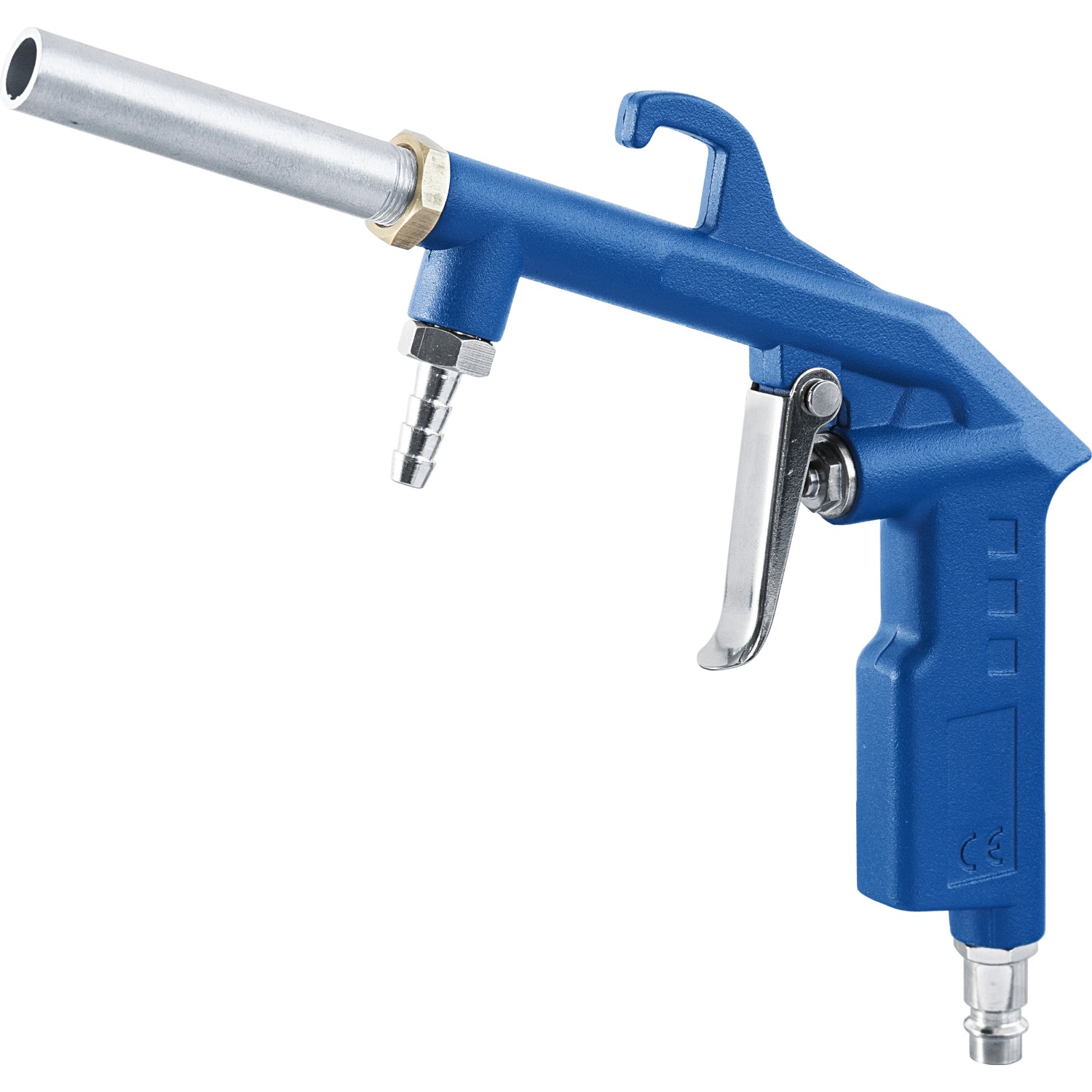 Blaue LUX Sandstrahlpistole D-SSP-180 mit silberner Düse und Schlauchanschluss. Zubehör für Kompressoren.