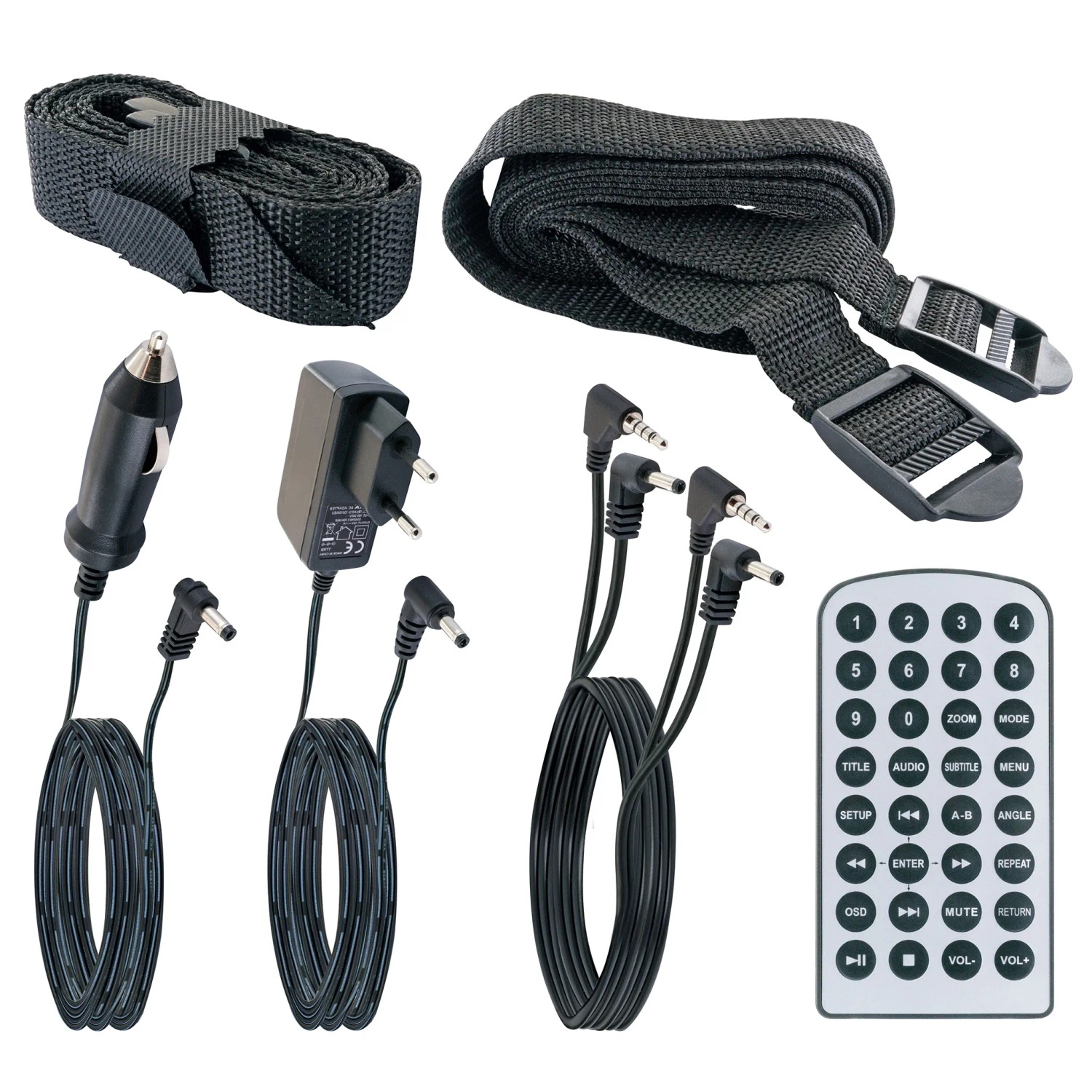 Zubehör für Schwaiger Monitor-Set: Gurte, Netzteil, KFZ-Adapter, AV-Kabel, Fernbedienung.