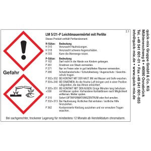 Hinweisetikett Quick-Mix Leichtmauermörtel mit Perlite, Gefahrenhinweise und Sicherheitshinweise.