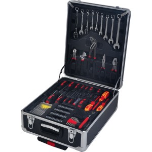 Geöffneter, 799-teiliger Werkzeugtrolley aus Aluminium mit Werkzeugsortiment.