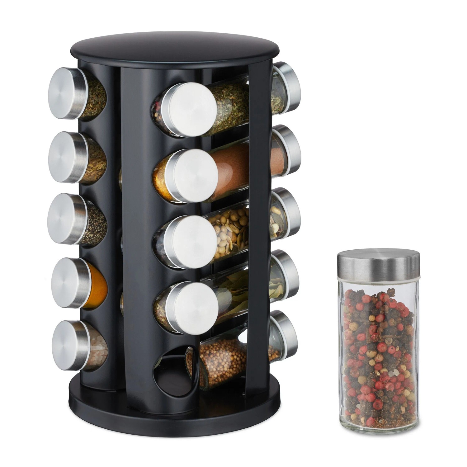 Relaxdays Gewürzkarussell Edelstahl Glas Schwarz Drehbar mit 20 Gläsern 34,5 cm x 22 cm 2,7 kg