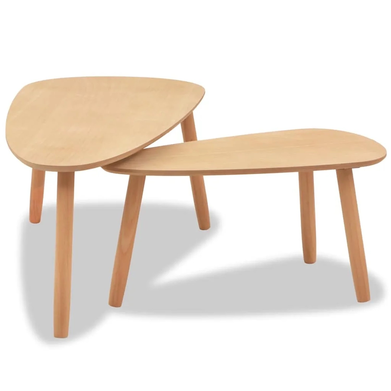 Zweiteiliges Couchtisch-Set aus hellem Kiefernholz mit organischen Tischplatten. Skandinavisches Design für Wohnzimmer.