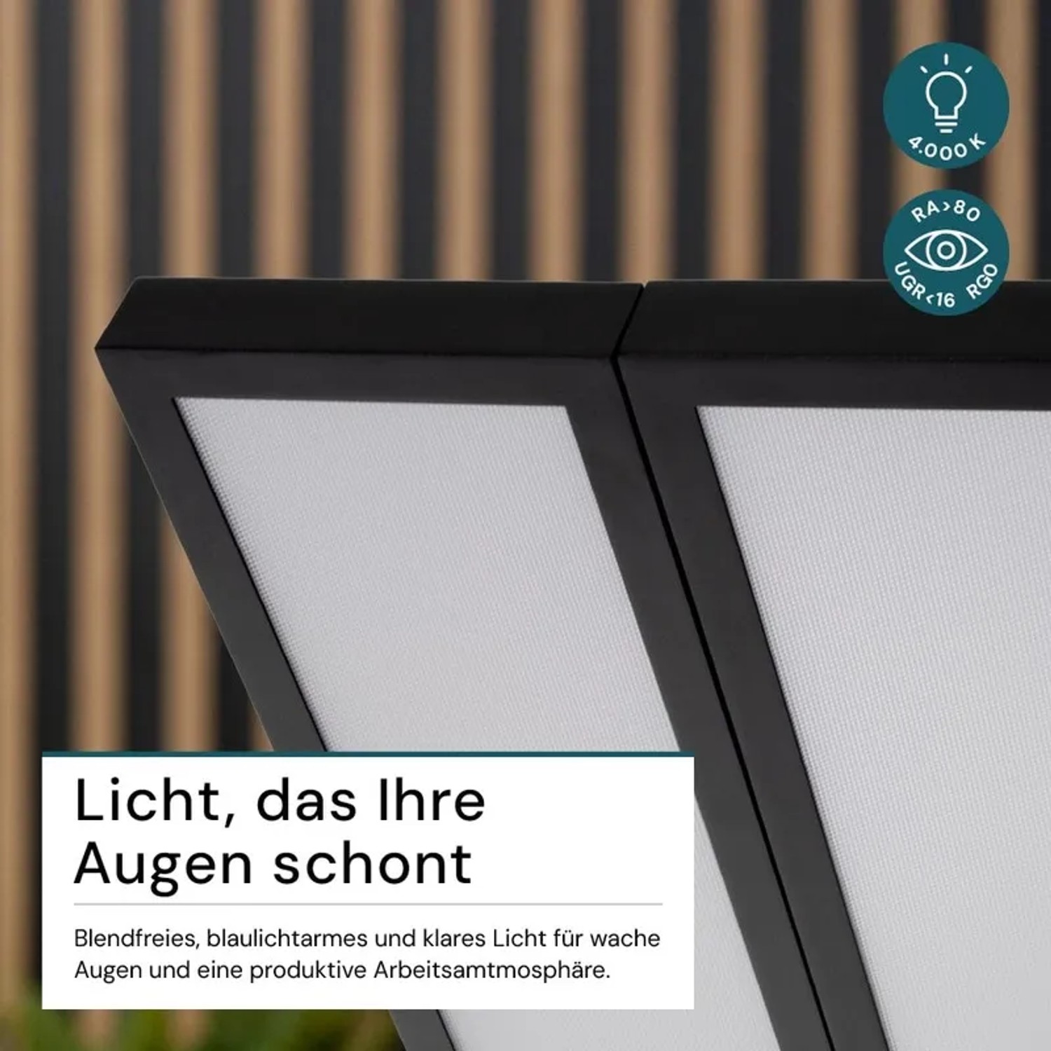 Detailaufnahme: Schwarze LUXULA LED Bürostehleuchte mit Doppelkopf und blendfreiem Licht.
