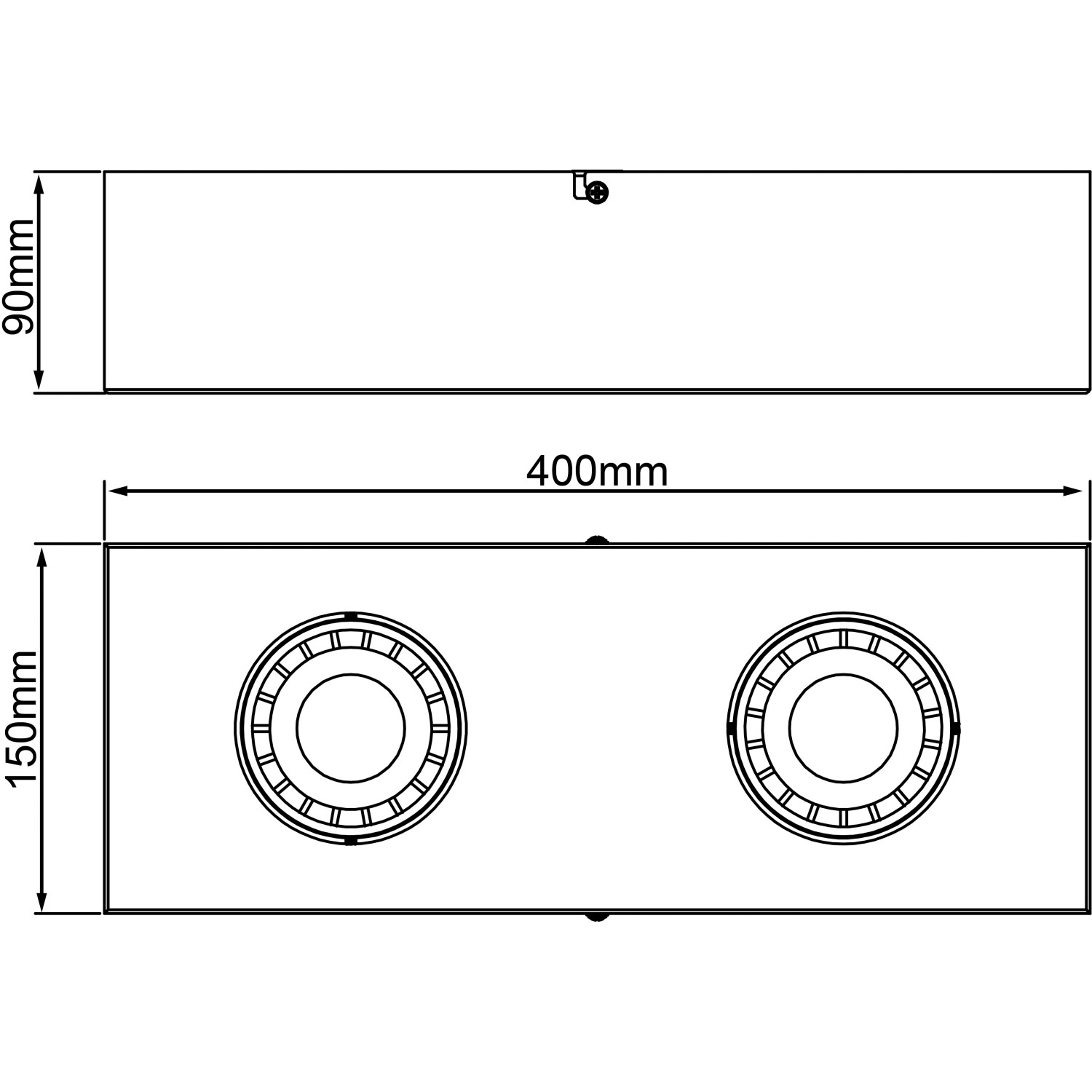 Technische Zeichnung der schwarzen, 2-flammigen LED-Deckenleuchte Doro von Brilliant mit Maßen.