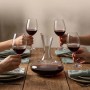 Transparentes 5-teiliges Weingläser-Set mit Dekanter auf gedecktem Holztisch. Vier Hände halten Rotweingläser.