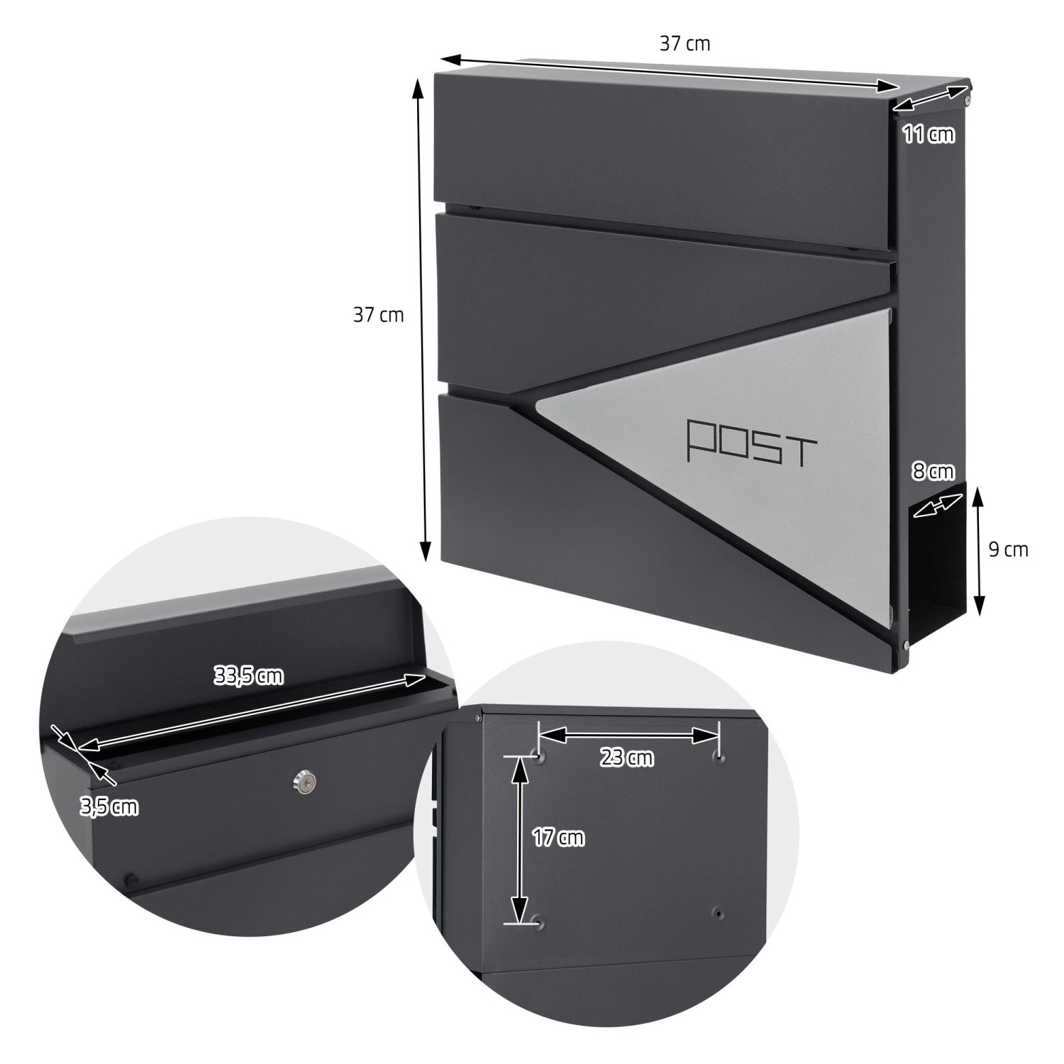 ML-Design Briefkasten, anthrazit/silber, 37x37 cm, mit Zeitungsfach, abschließbar.