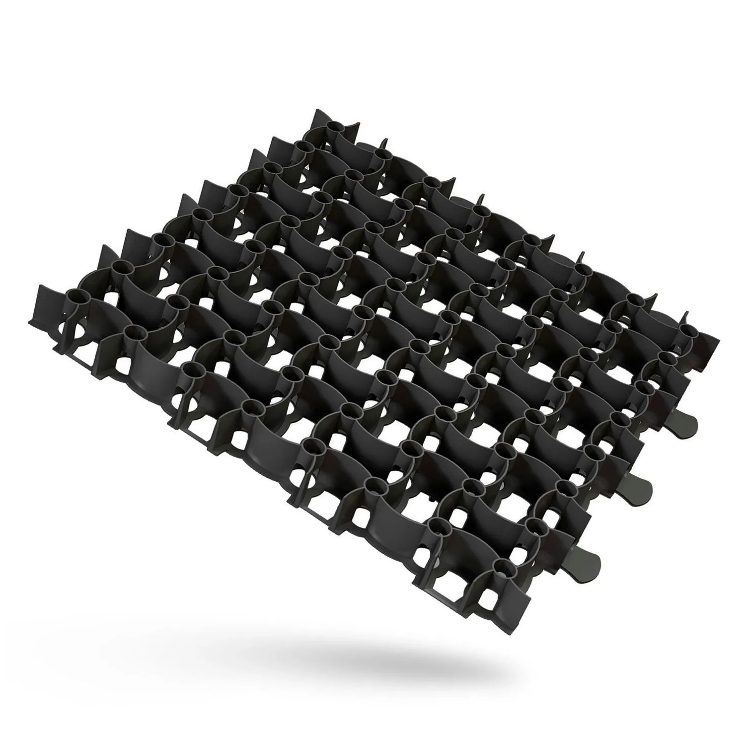 Schwarze Kunststoff-Paddockplatte 50x50x4cm mit Wabenstruktur. Ideal als Rasengitter für Reitplätze, Wege & Parkplätze.