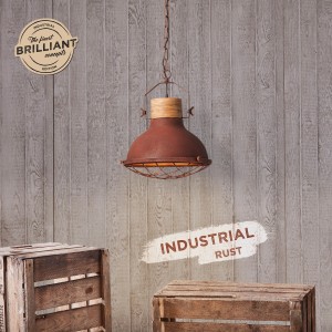 Rostfarbene Brilliant Pendelleuchte Emma, Ø 33 cm, im Industrial Design mit Holzdetails und Metallkäfig.