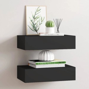Zwei schwarze Wandregale mit Schubladen (40x23,5x10 cm) aus MDF. Dekorative Regale für Wohnzimmer.