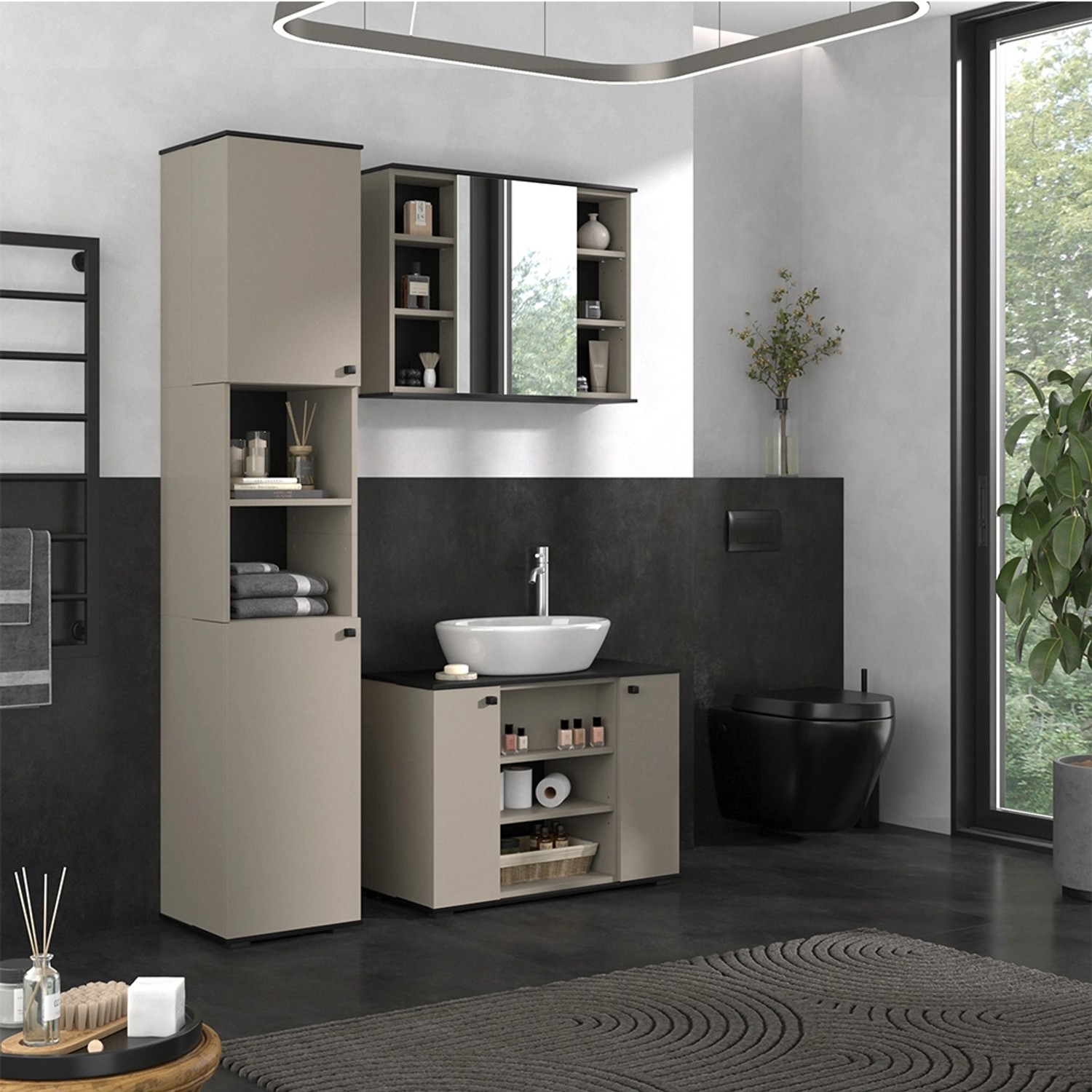 Vicco Badmöbel-Set Joli Greige, 3-teilig mit Hochschrank. Badmöbel in Greige und Schwarz.