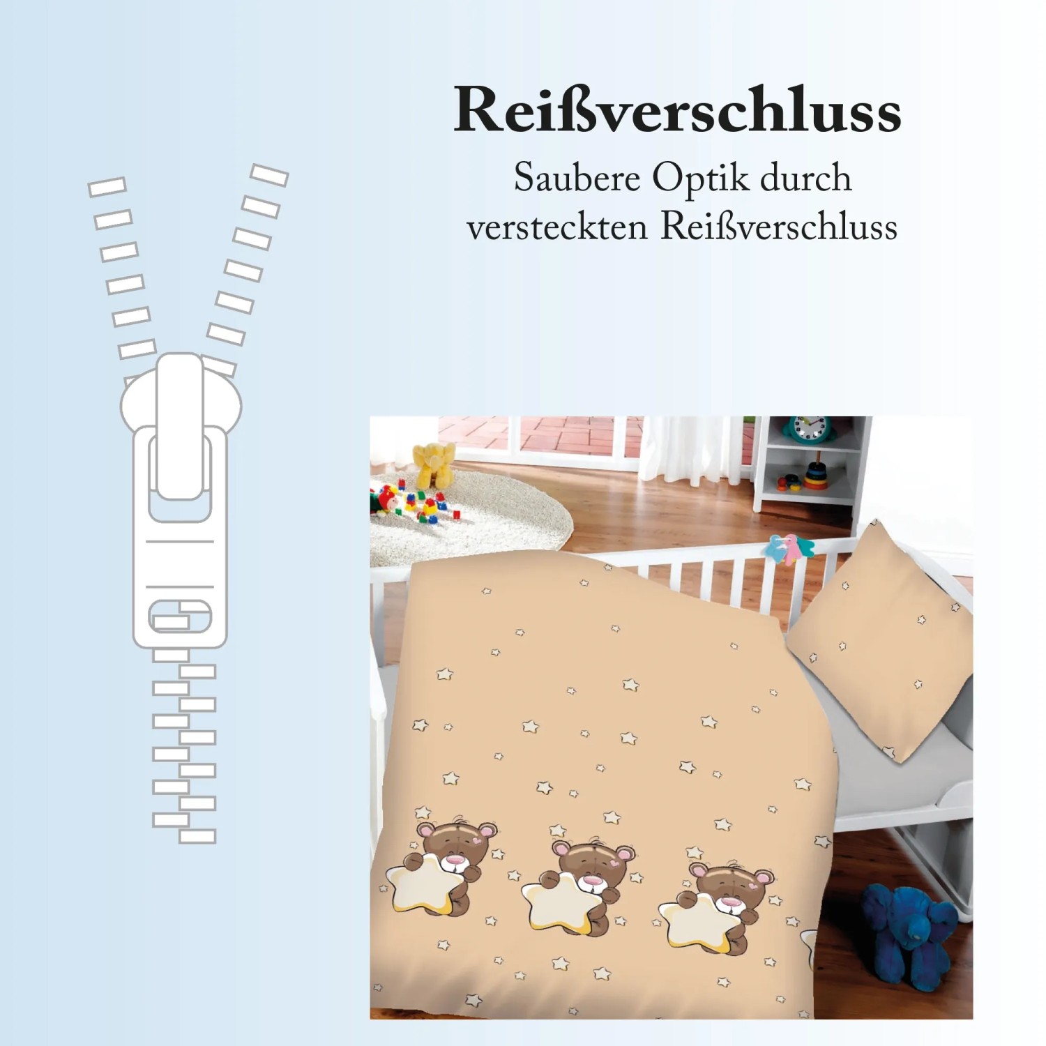 Bestlivings Kinderbettwäsche mit Bär und Stern Motiv, 100x135 cm & 40x60 cm. Bettwäsche Set mit Reißverschluss.