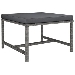 Grauer vidaXL Gartenhocker/Tisch aus Rattan mit anthrazitfarbenem Kissen.