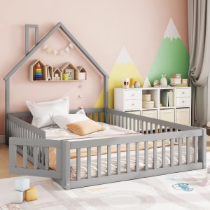 okwish Kinderbett 140×200 Hausbett mit Schornsteinform ohne Matratze