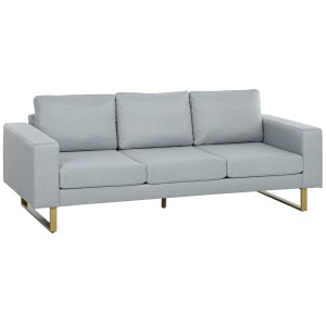 Hellgraues 3-Sitzer Sofa mit Kissen und goldenen Füßen für das Wohnzimmer.