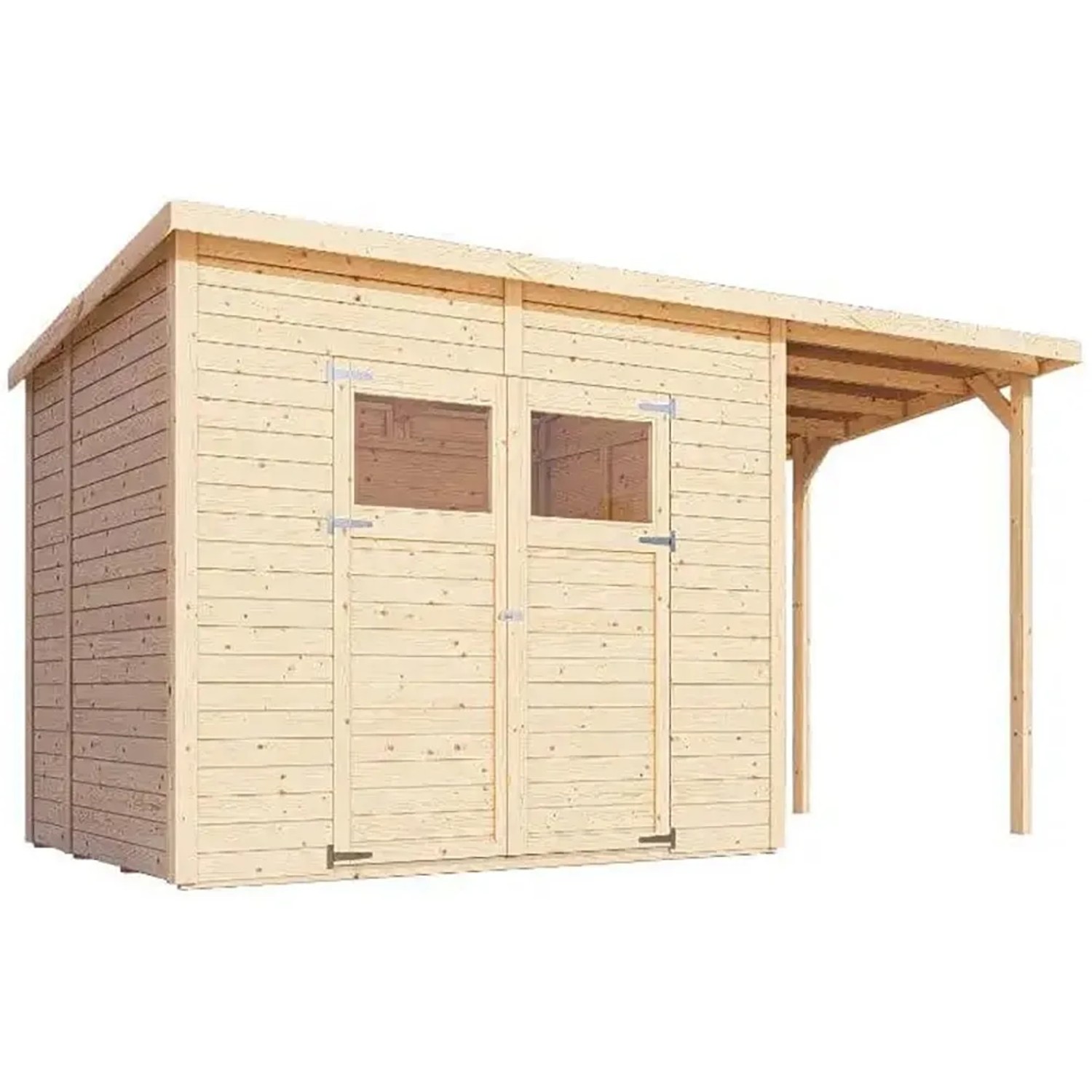 Unbehandeltes Holz-Gartenhaus Bertilo mit Pultdach und Anbau. Ideal zur Lagerung von Gartengeräten.
