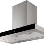 Respekta Inselhaube Cara aus Edelstahl mit schwarzer Glasfront für Dunstabzug in der Küche.