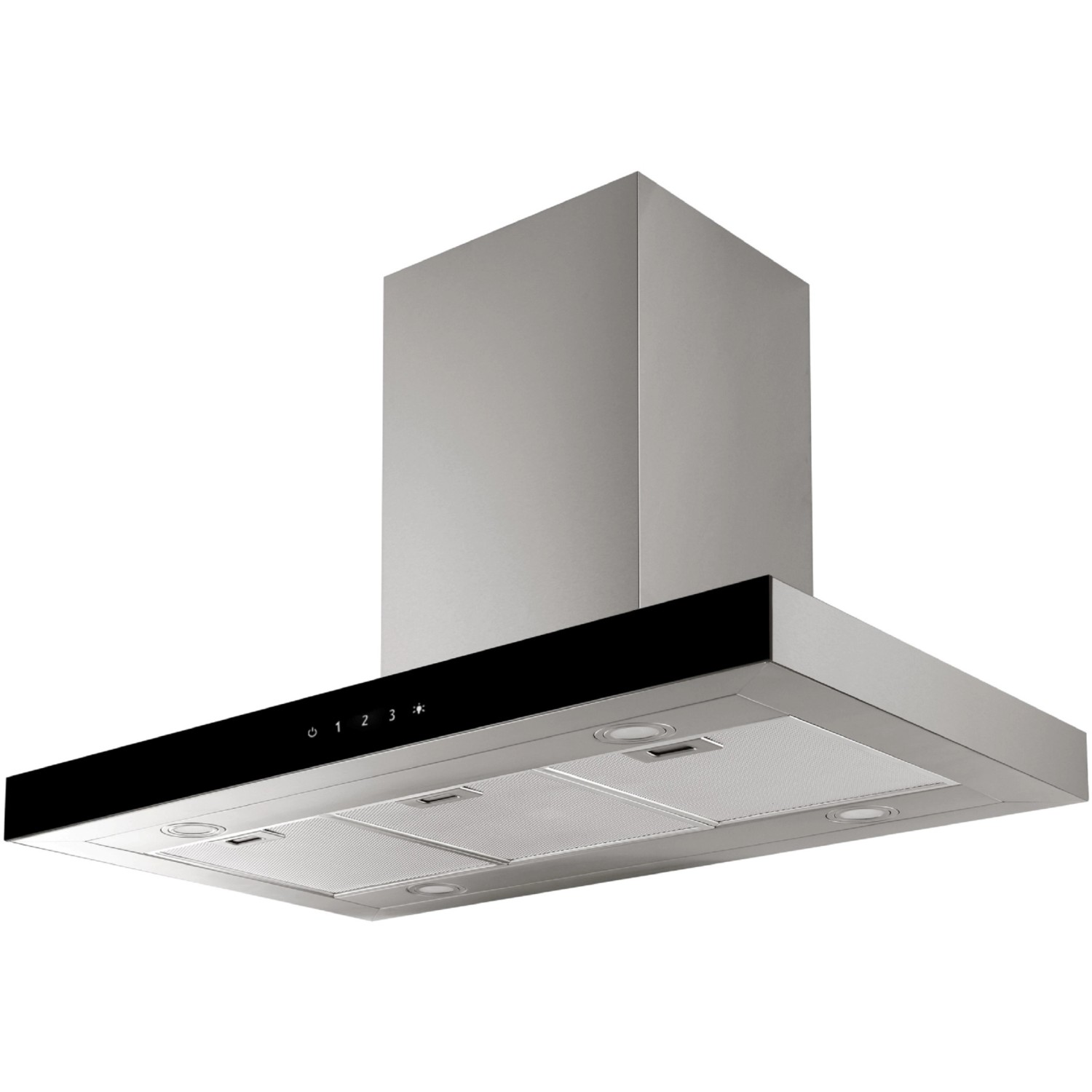 Respekta Inselhaube Cara aus Edelstahl mit schwarzer Glasfront für Dunstabzug in der Küche.