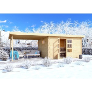 Karibu Gartenhaus Jeebel mit Schleppdach, naturbelassen. Holzhaus mit überdachter Terrasse im Winter.