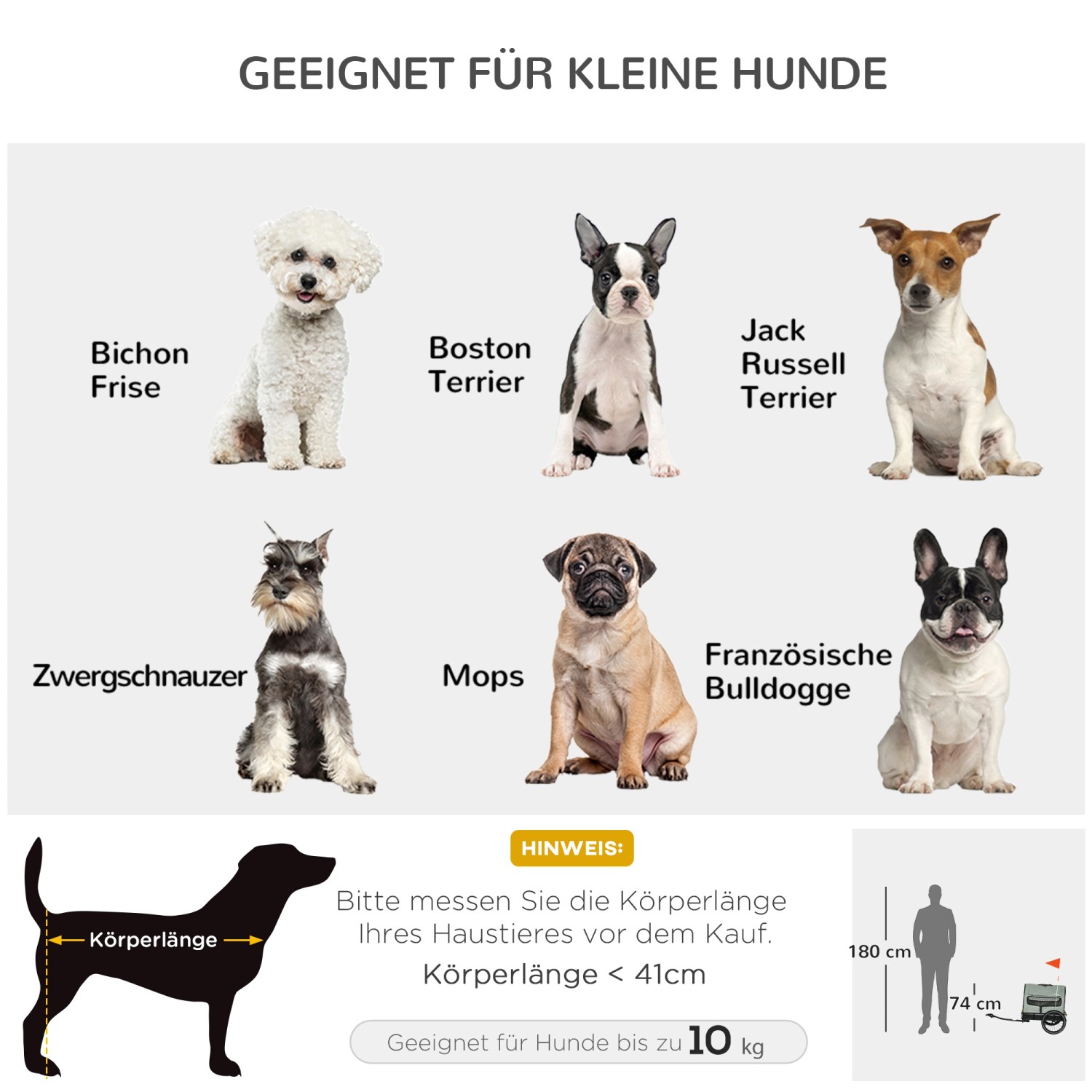 Geeignet für kleine Hunde: Illustration verschiedener Hunderassen für PawHut Hundeanhänger.