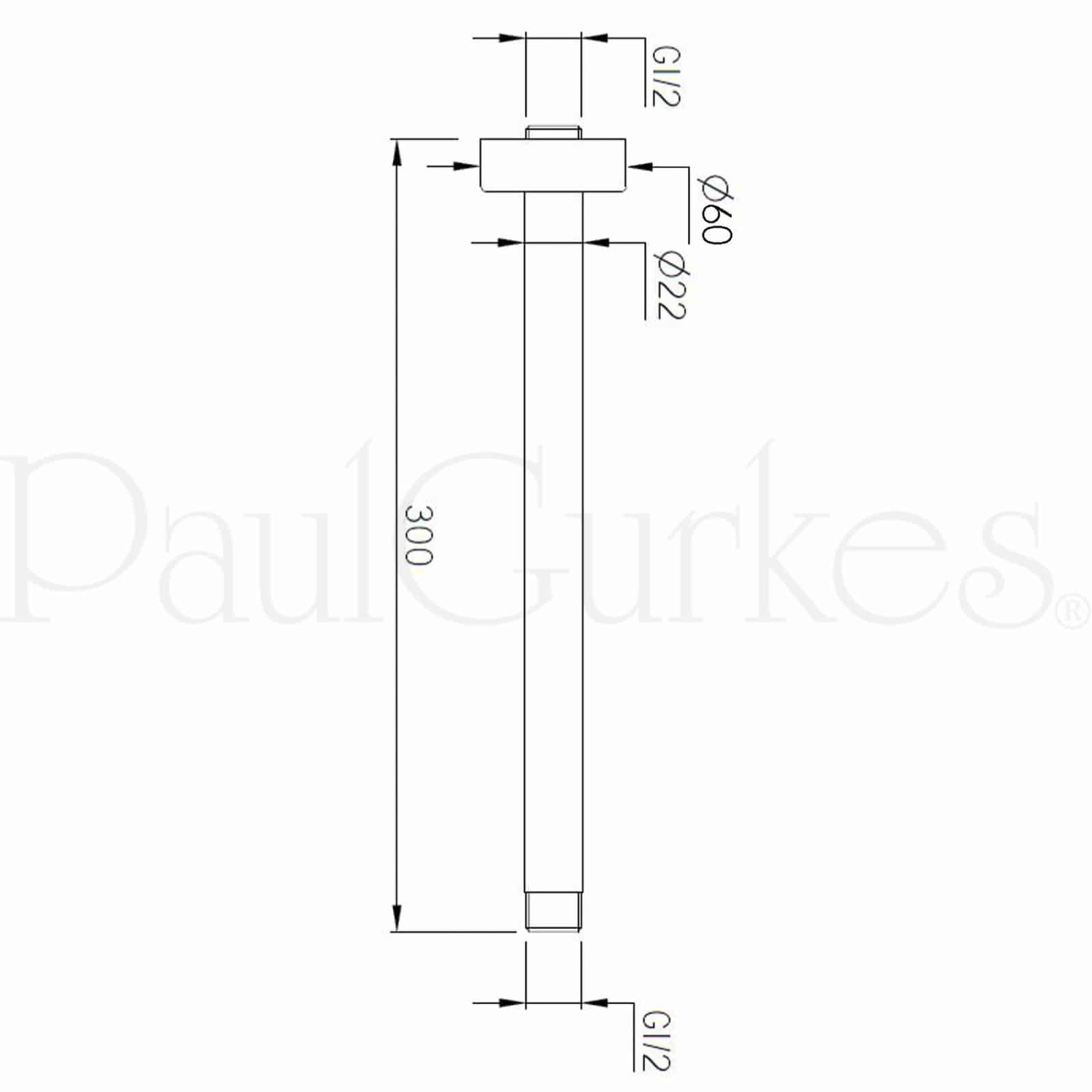 Technische Zeichnung: PaulGurkes Deckenarm 30cm für Brauseset, Maße und Anschlüsse dargestellt.