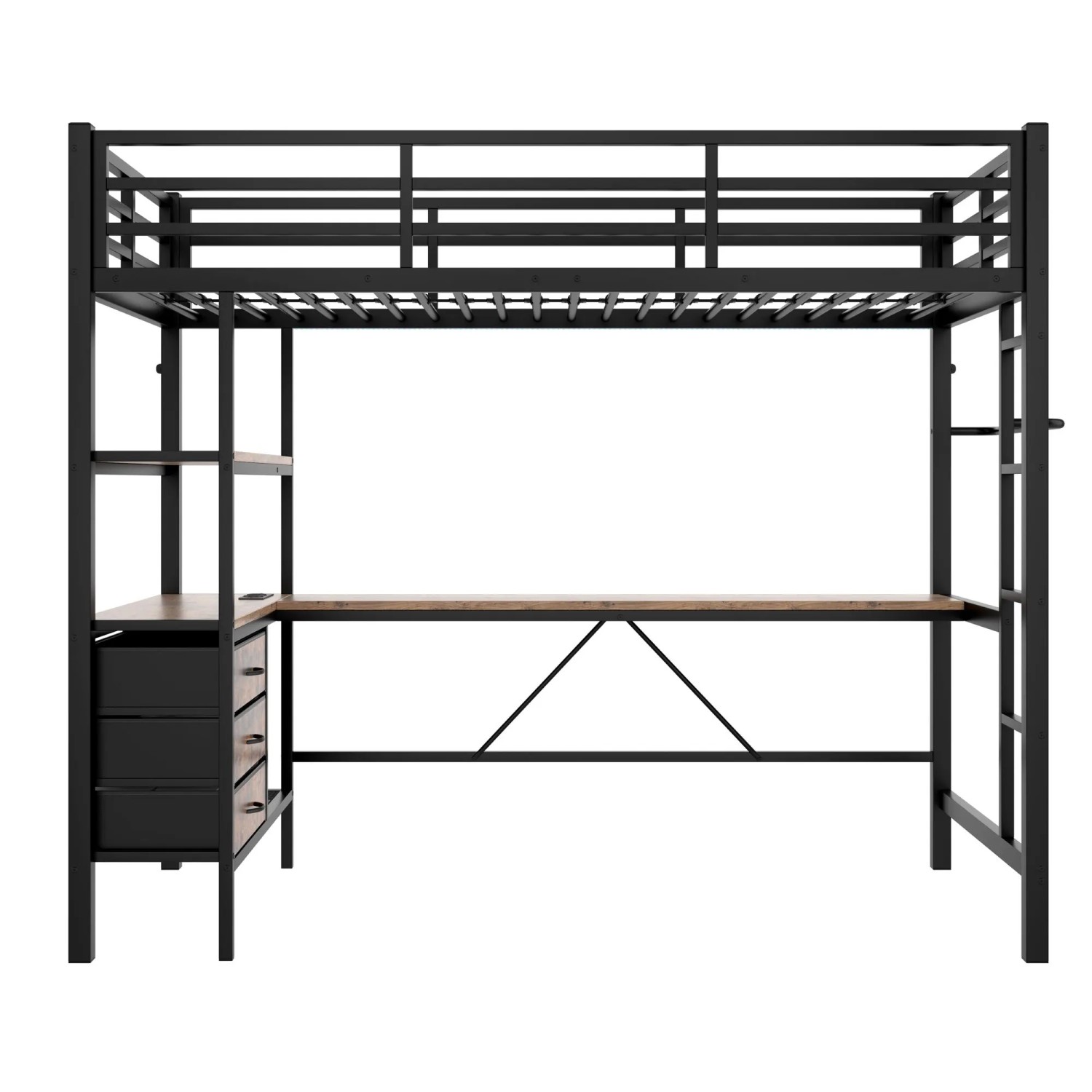 okwish Hochbett 90x200cm mit Schreibtisch und LED Beleuchtung Kinderzimmer Schwarz ohne Matratze