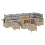 Beiges 9-teiliges vidaXL Garten-Sofa-Set aus Rattan mit Kissen und Akazientisch.