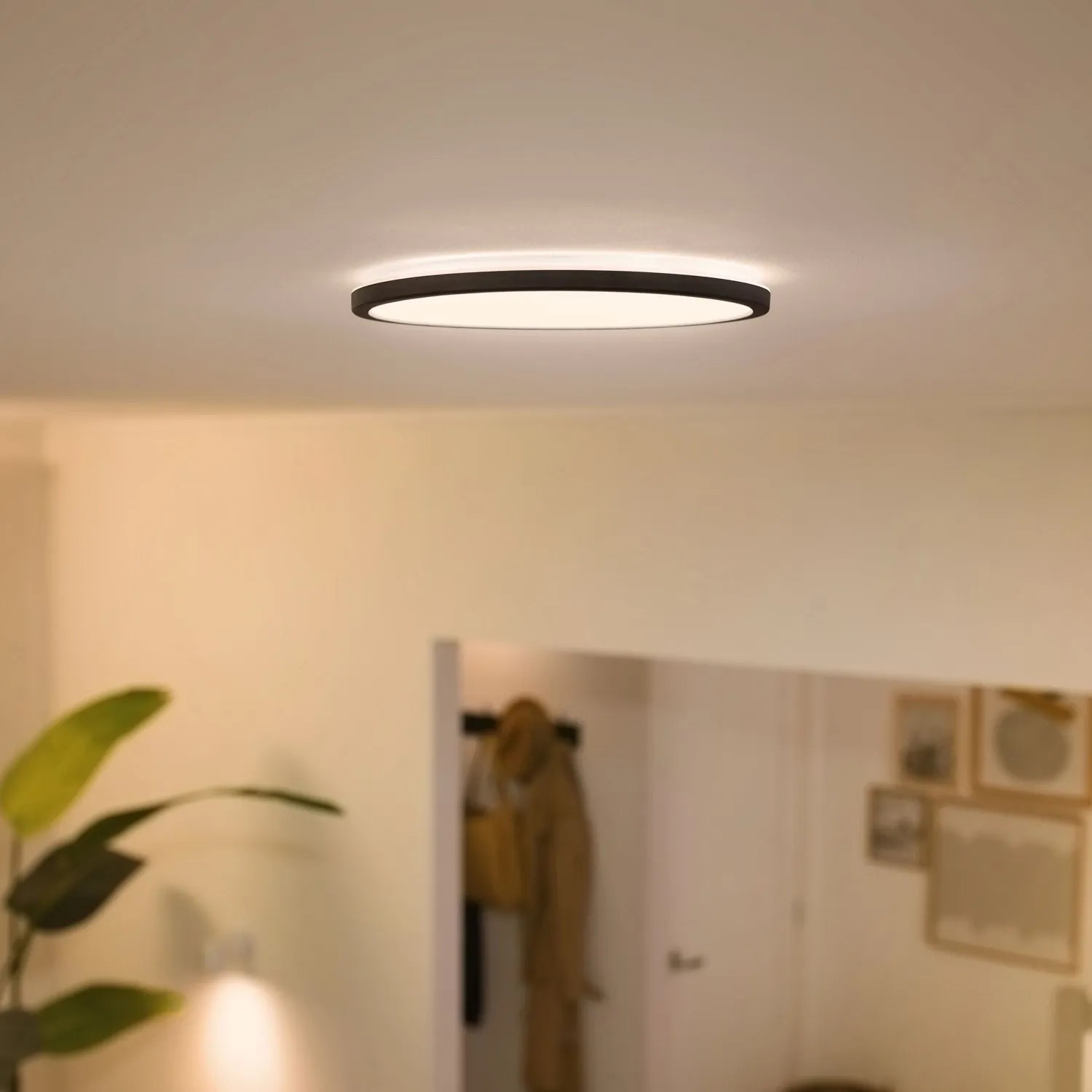 Schwarze WiZ LED Deckenleuchte SuperSlim, dimmbar, Ø 29,2 cm, an der Decke montiert.