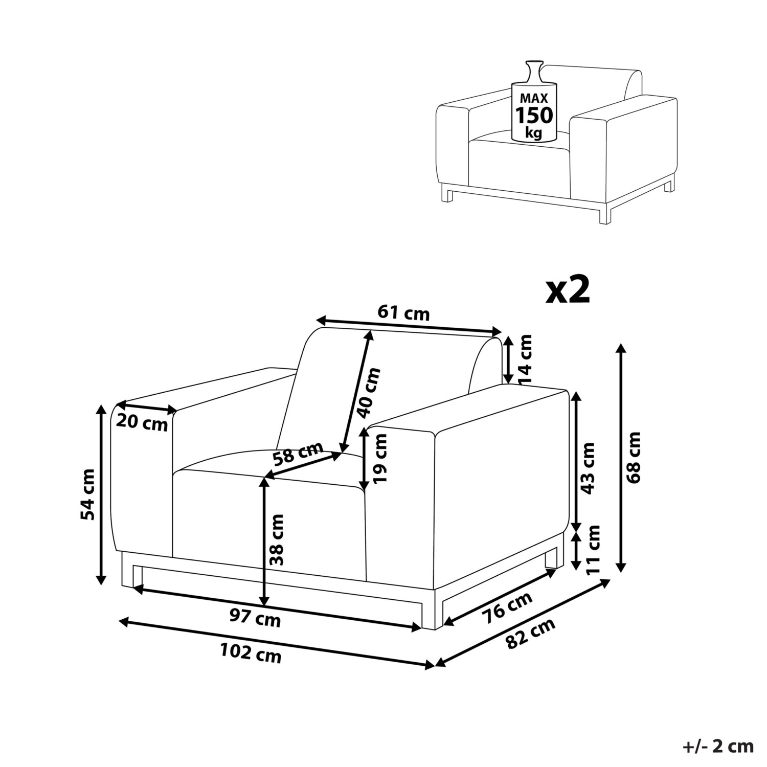 Skizze: Beliani Sessel Grau/Schwarz, Maße und Belastbarkeit (max. 150 kg) dargestellt.