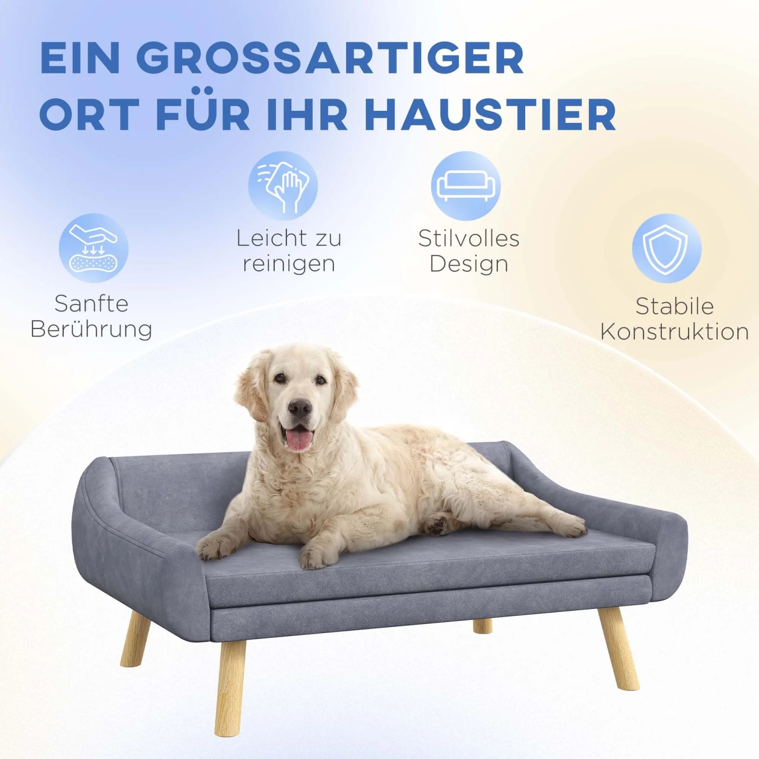 Graues PawHut Hundesofa mit Holzbeinen und Kissen, darauf ein liegender Hund.