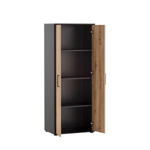 PROREGAL Aktenschrank Raven, Eiche/Schwarz, 164x65x41cm, mit 4 Fächern und 2 Flügeltüren.