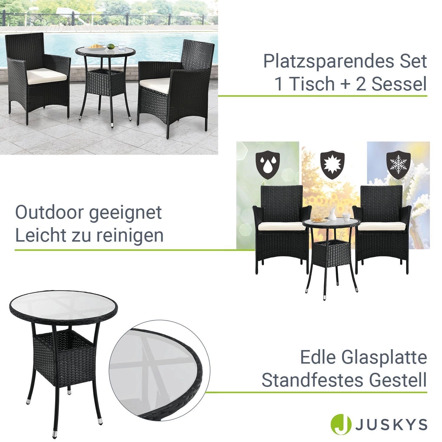 Schwarzes Polyrattan Gartenmöbel Set Bayamo: Tisch mit Glasplatte und zwei Stühle mit beigen Auflagen.