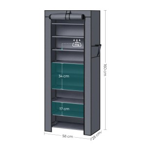 Graues Songmics Schuhregal mit 10 Ebenen, flexiblen Ablagen und Seitentaschen. Maße: 28x58x160 cm.