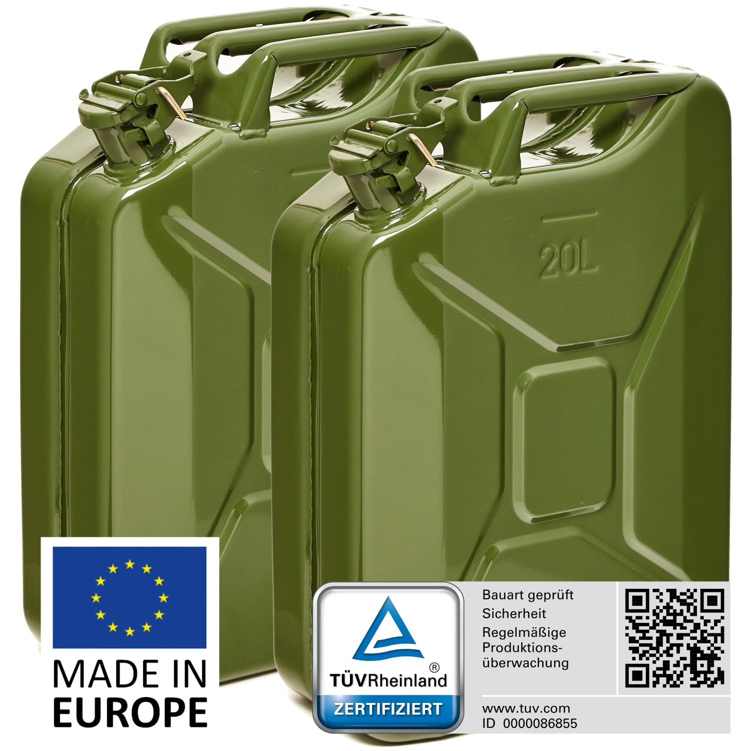 Zwei olivgrüne 20L Metall Kraftstoffkanister, TÜV-geprüft, für Benzin und Diesel.