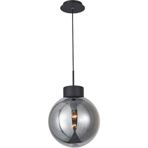 Moderne Pendelleuchte Astro von Brilliant, 30 cm, schwarz mit Rauchglas-Kugel.