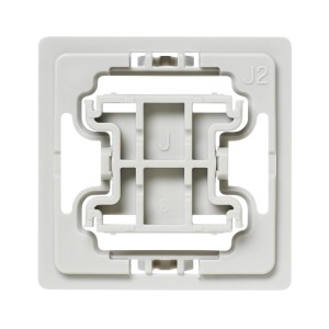 Homematic IP Adapter Jung J2, hellgraues Kunststoffteil mit J2-Prägung. Für Schalterserien in der Hausautomation.