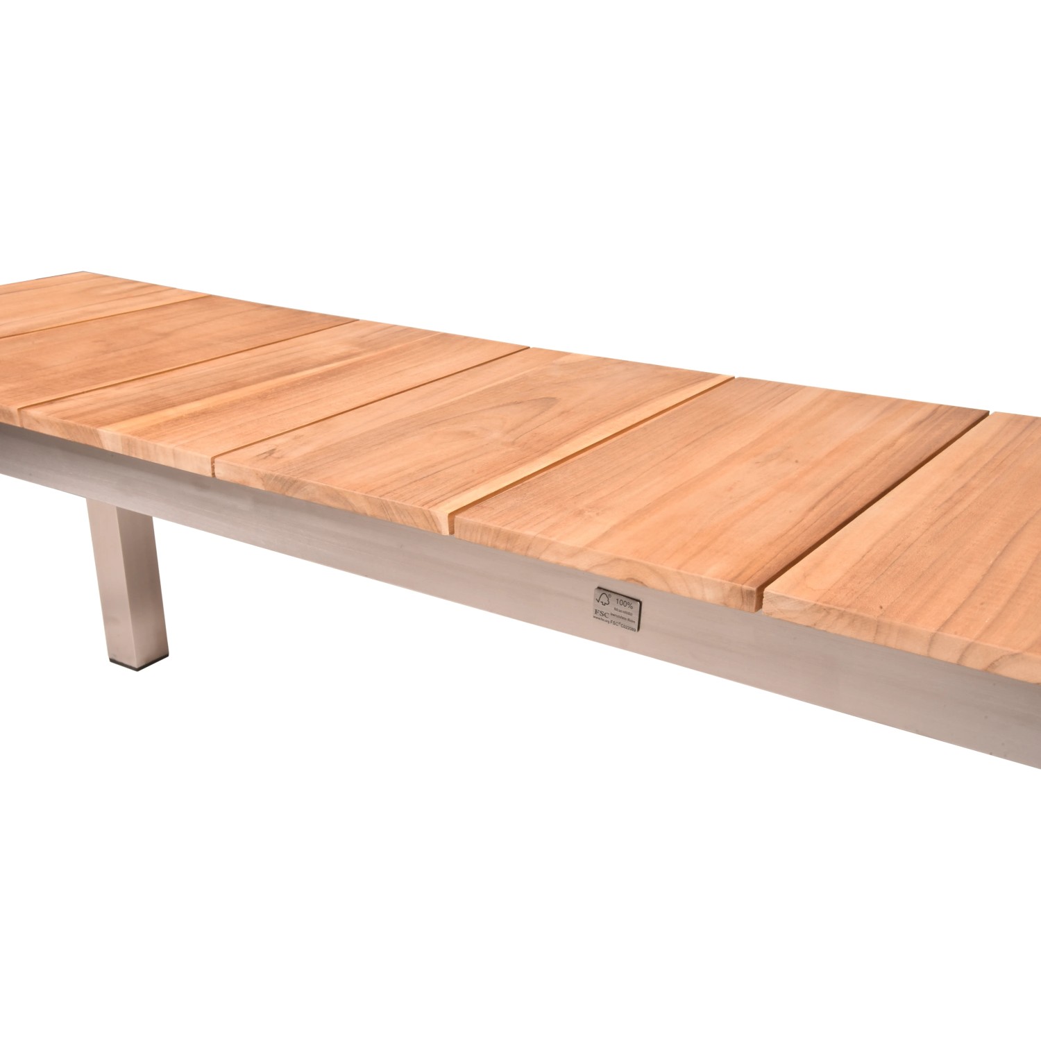 Gartenbank Dallas aus Teakholz FSC® mit Edelstahlgestell, 180 cm lange Bank ohne Rückenlehne.