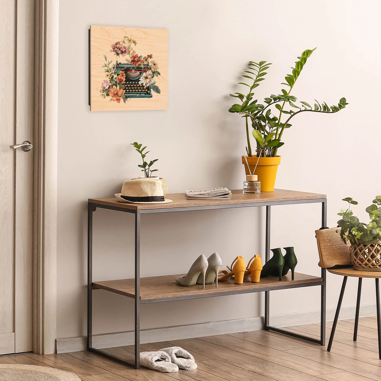 Banjado Schlüsselkasten mit Blumige Schreibmaschine Motiv, Holz, 30x30cm, 50 Haken, für Garderobe.