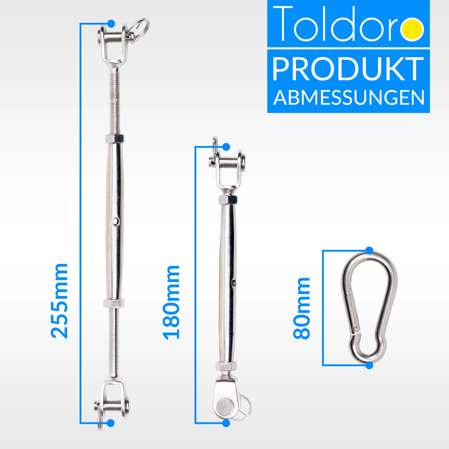 Toldoro Sonnensegelspanner Set mit Karabinerhaken (80mm) aus Edelstahl, Maße dargestellt.