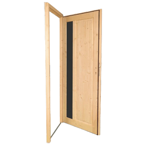 Geöffnete, naturbelassene Panto Holz-Nebeneingangstür NET 510 mit Glasausschnitt.